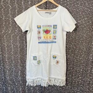 Vintage Las Olas Fringe Beach Cover Up Dress Ocean Fish Women's Medium